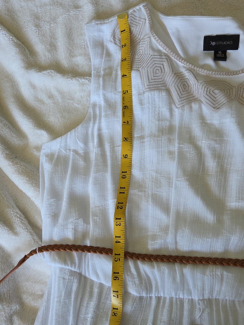 AB Studio White Maxi Dress with Tan Belt, Hankerchief Bottom. - Picture 8 of 11